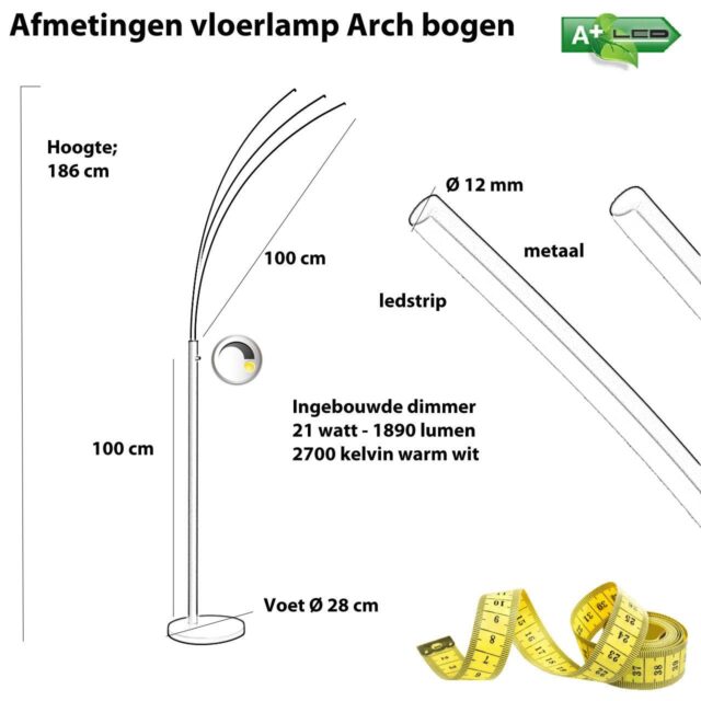 Moderne zwarte booglamp Slim LED dimbaar