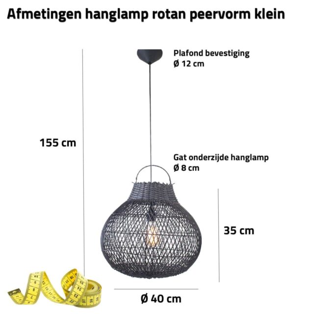 Zwarte rieten hanglamp peer 40 cm