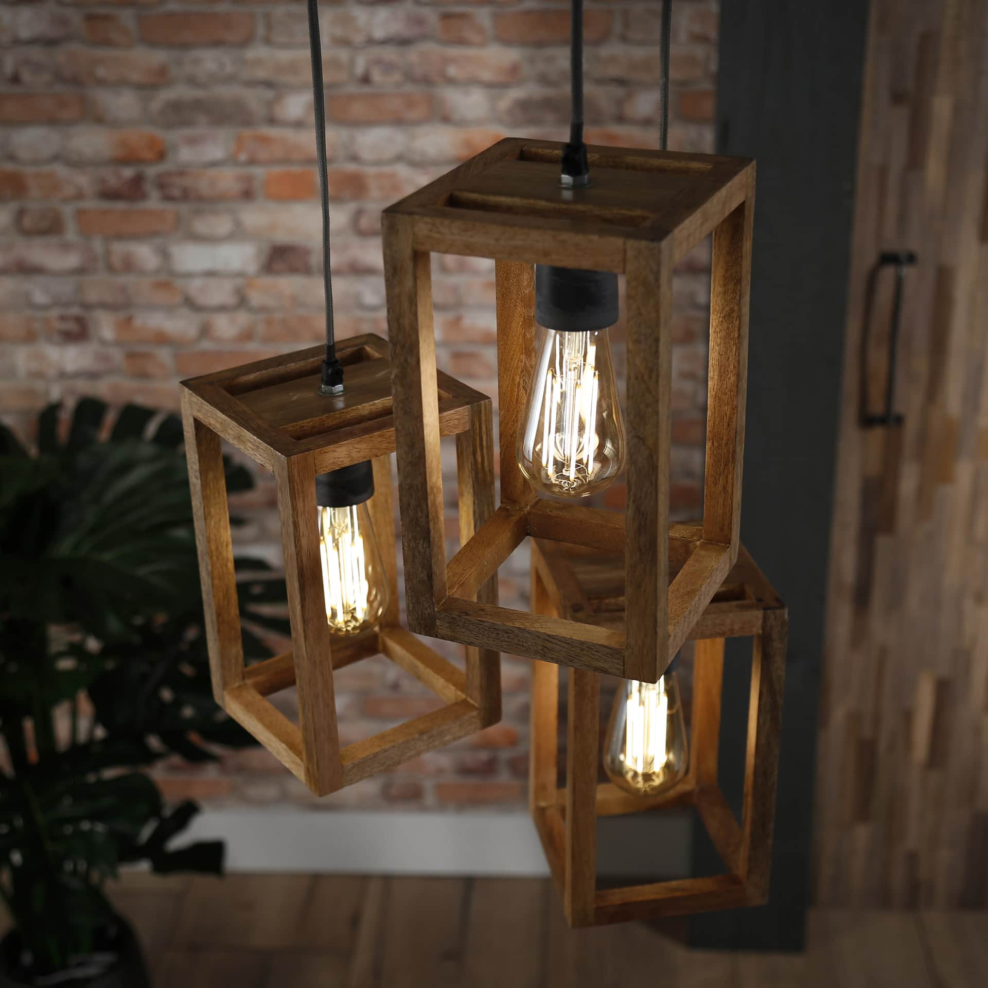 Hanglamp houten frame getrapt | 3 lichts | 15 x 15 x 25 cm | bruin / charcoal | hout / metaal |