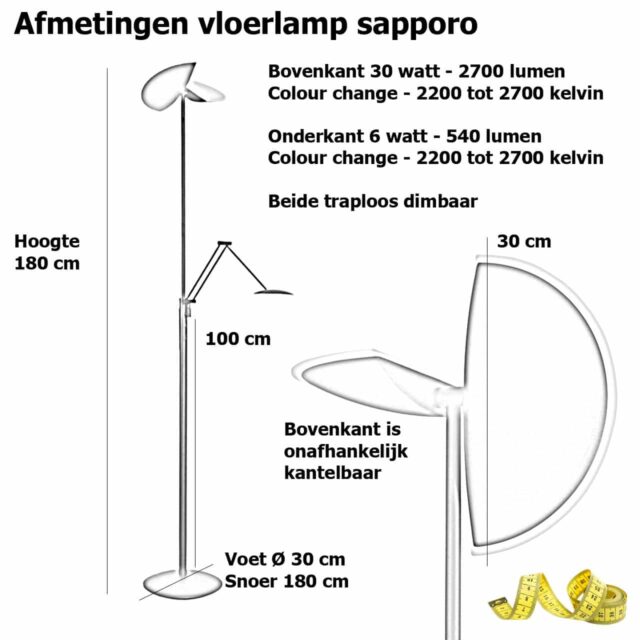 Verstelbare bronzen vloerlamp New Sapporo led met leesarm - 30 watt - 6 watt