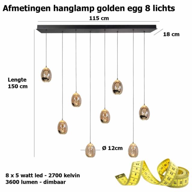 Sierlijke eettafellamp Golden Egg 8-lichts balk