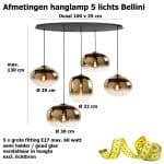 Ovale eettafel hanglamp Bellini | 5 lichts | goud / amber | glas | 100 cm breed | dimbaar | modern / sfeervol design