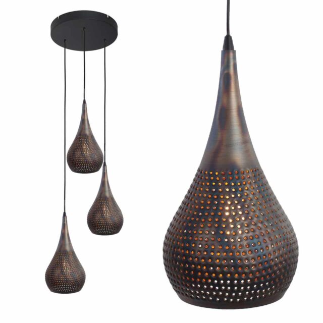 Landelijke hanglamp 3 lichts Bruciato gevlamd bruin rond