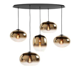 Ovale eettafel hanglamp Bellini | 5 lichts | goud / amber | glas | 100 cm breed | dimbaar | modern / sfeervol design