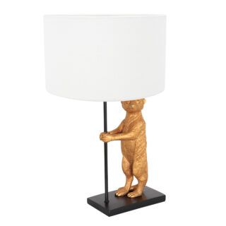 Tafellamp Animaux 1 lichts Zwart Goud Stokstaartje met Linnen Kap Wit