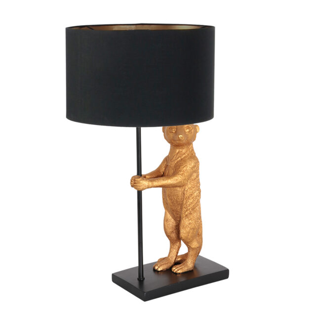 Tafellamp Animaux 1 lichts Zwart Goud Stokstaartje met Linnen Kap Zwart