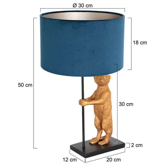 Tafellamp Animaux 1 lichts Zwart Goud Stokstaartje met Velours Kap Blauw