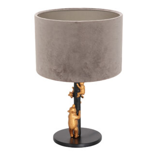 Tafellamp Animaux 1 lichts Zwart met Velours Kap Taupe en Gouden Beertjes