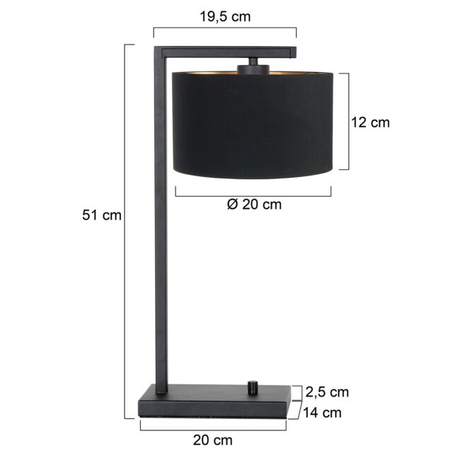 Tafellamp Stang 1 lichts Zwart met Kap Zwart Velours
