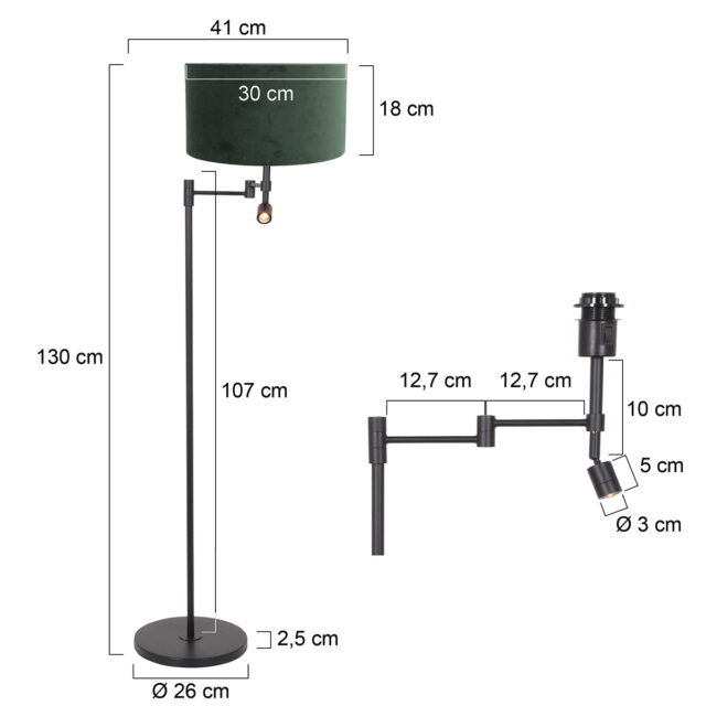 Vloerlamp Stang 1 lichts Zwart met Leeslamp en Kap Groen Velours