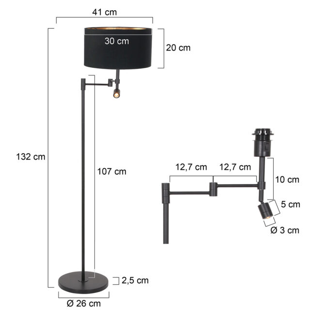 Vloerlamp Stang 1 lichts Zwart met Leeslamp en Kap Zwart Velours
