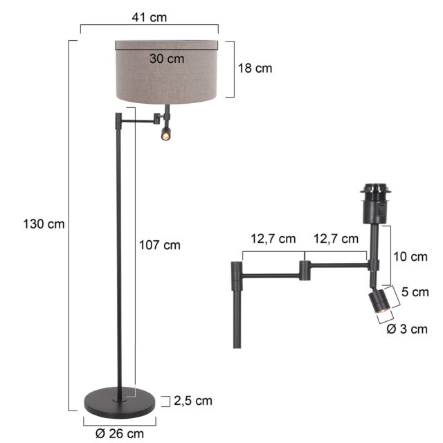 Vloerlamp Stang 1 lichts Zwart met Leeslamp en Linnen Kap Klei
