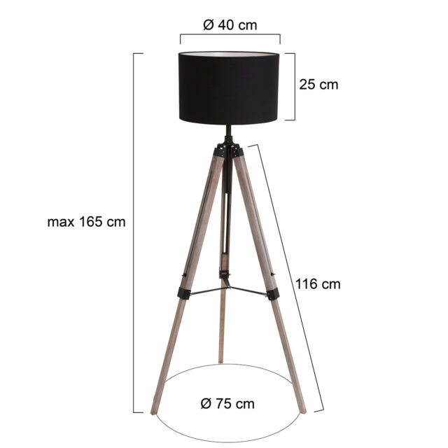 Vloerlamp Triek 1 lichts Hout/Zwart met Zwarte Stoffen Kap