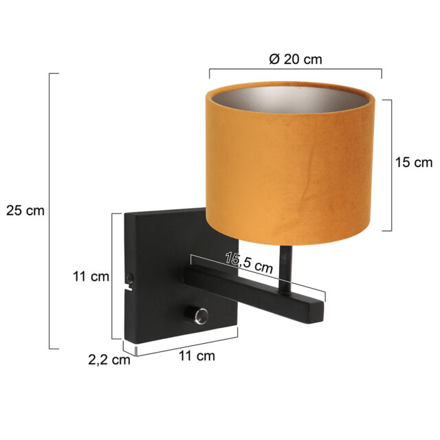 Wandlamp Stang 1 lichts Zwart met Kap Oker Velours