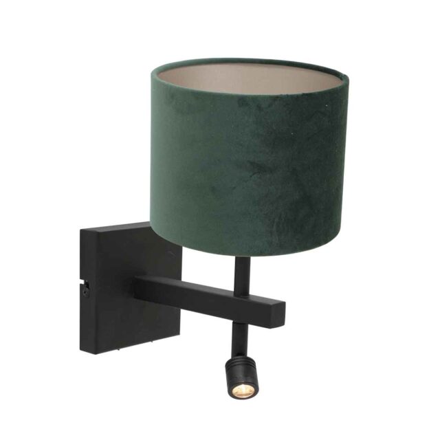 Wandlamp Stang 1 lichts Zwart met Leeslamp en Kap Groen Velours
