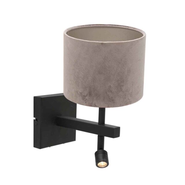 Wandlamp Stang 1 lichts Zwart met Leeslamp en Kap Taupe Velours
