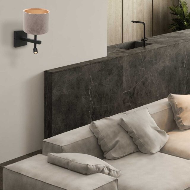 Wandlamp Stang 1 lichts Zwart met Leeslamp en Kap Taupe Velours