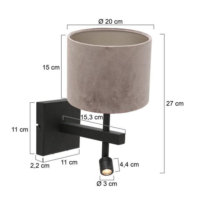 Wandlamp Stang 1 lichts Zwart met Leeslamp en Kap Taupe Velours