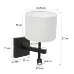 Wandlamp Stang 1 lichts Zwart met Leeslamp en Linnen Kap Grijs