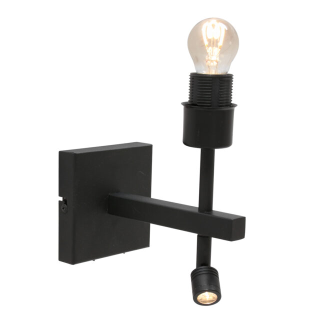 Wandlamp Stang 1 lichts Zwart met Leeslamp en Linnen Kap Klei