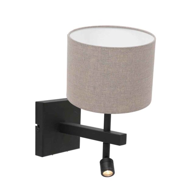 Wandlamp Stang 1 lichts Zwart met Leeslamp en Linnen Kap Klei
