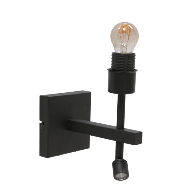 Wandlamp Stang 1 lichts Zwart met Leeslamp en Linnen Kap Klei