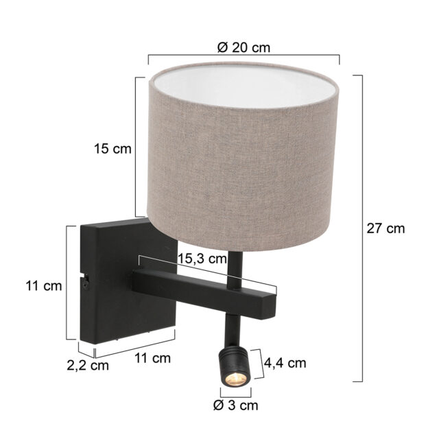 Wandlamp Stang 1 lichts Zwart met Leeslamp en Linnen Kap Klei