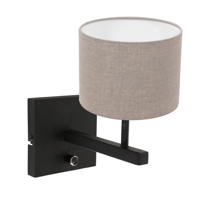 Wandlamp Stang 1 lichts Zwart met Linnen Kap Klei