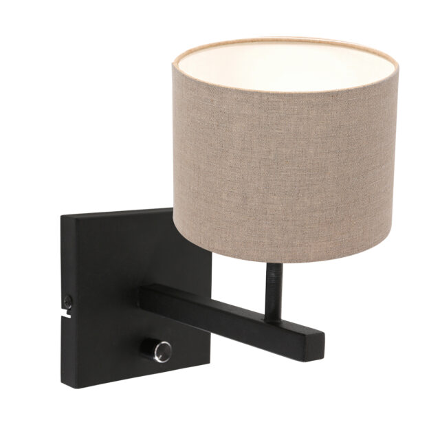 Wandlamp Stang 1 lichts Zwart met Linnen Kap Klei