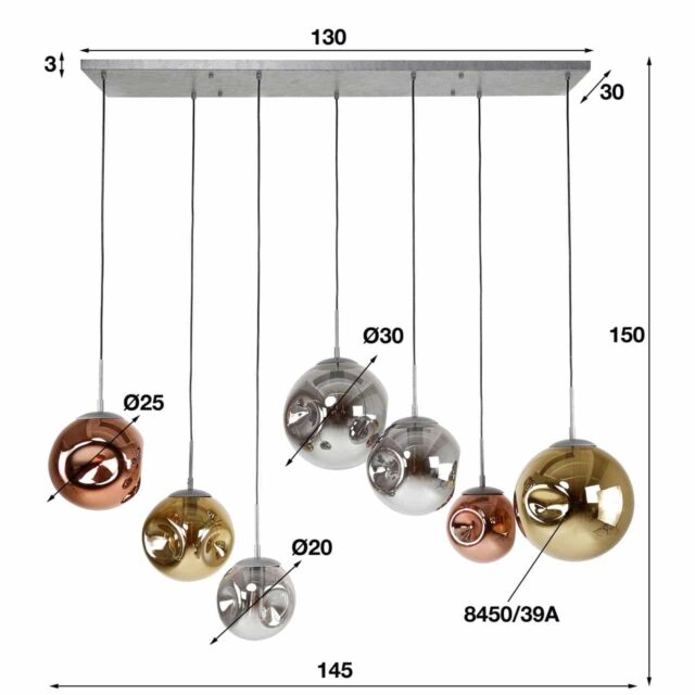 Moderne 7 lichts eettafellamp glas chroom | goud | koper