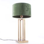 Bronzen tafellamp vierkant met groene velours kap Ø 30