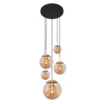 Glazen vide lamp hanglamp 5 lichts Amber | Messing |Zwart - 350 cm