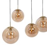 Moderne 6 lichts eettafellamp met glazen bollen amber