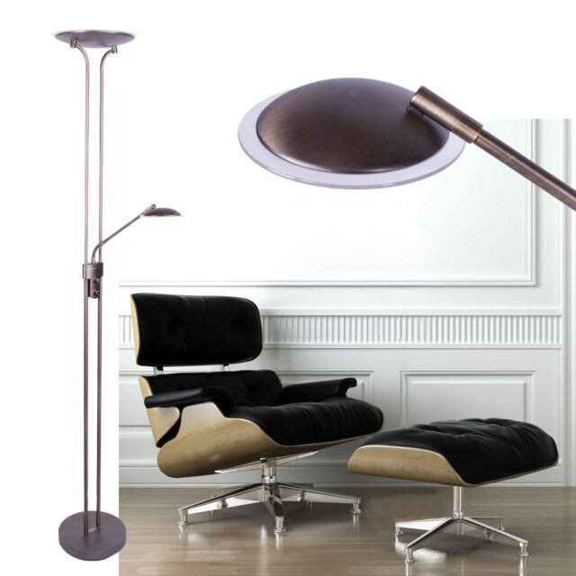 Minimalistische bronzen led vloerlamp met verstelbaar lees gedeelte
