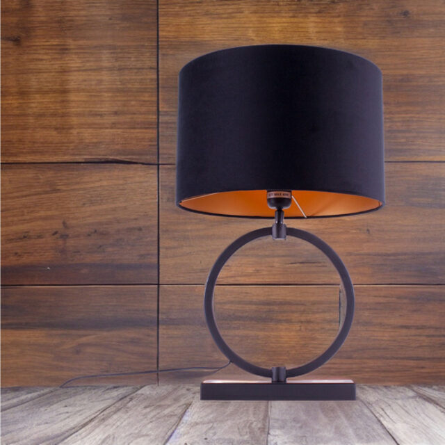 Zwarte tafellamp ring Ø 25 cm met velours kap zwart | goud