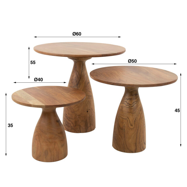 Drie delige salontafel set | massieve voet kegel | Massief acacia naturel - Afbeelding 3