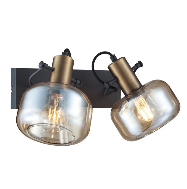 Moderne wandlamp 2 lichts zwart/brons | glas amber - Afbeelding 1