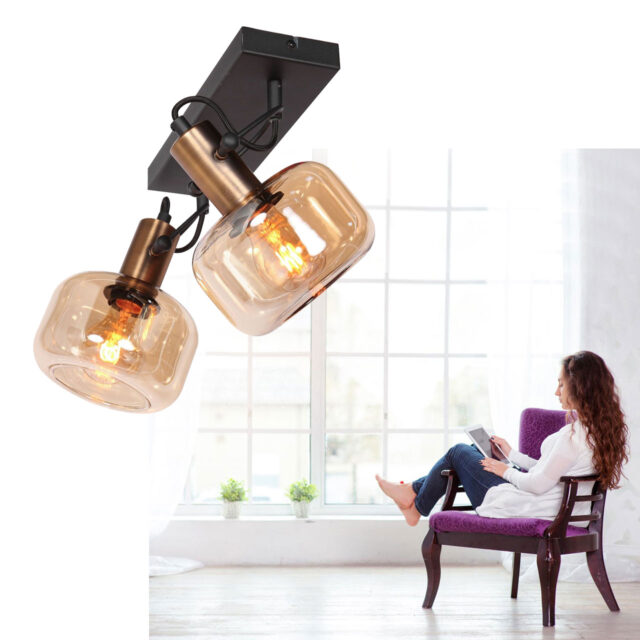 Moderne wandlamp 2 lichts zwart/brons | glas amber - Afbeelding 2