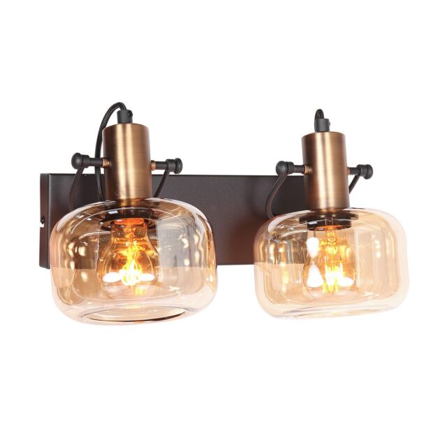 Moderne wandlamp 2 lichts zwart/brons | glas amber - Afbeelding 5