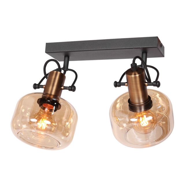 Moderne wandlamp 2 lichts zwart/brons | glas amber - Afbeelding 11