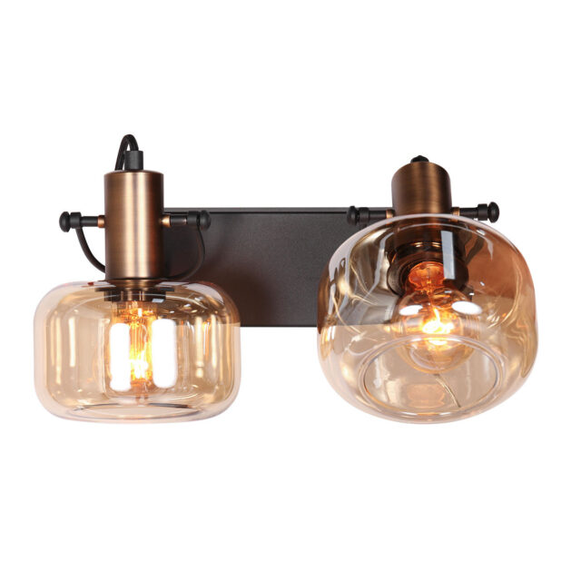 Moderne wandlamp 2 lichts zwart/brons | glas amber - Afbeelding 9