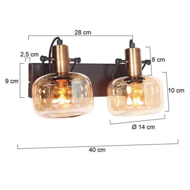 Moderne wandlamp 2 lichts zwart/brons | glas amber - Afbeelding 3