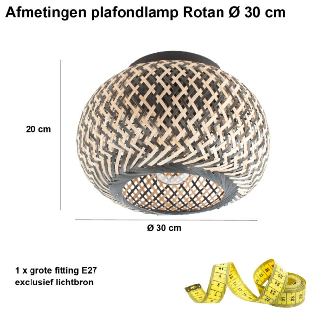 Rotan plafondlamp 1 lichts Naturel/Zwart Ø 30cm - Afbeelding 3