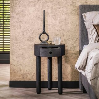 Nachtkastje Massief Acaciahout Zwart 1l Round Full Wood 4