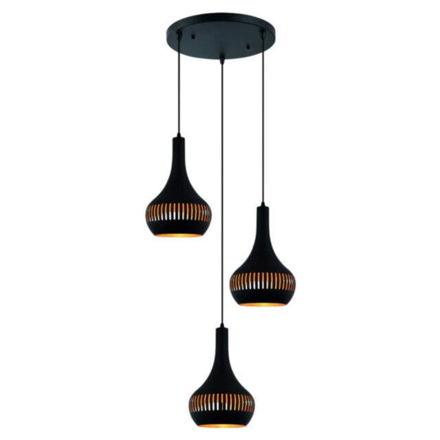 Hanglamp Canna 3-lichts getrapt | Zwart design met goudkleurige binnenkant | Opengewerkte kappen - Afbeelding 1