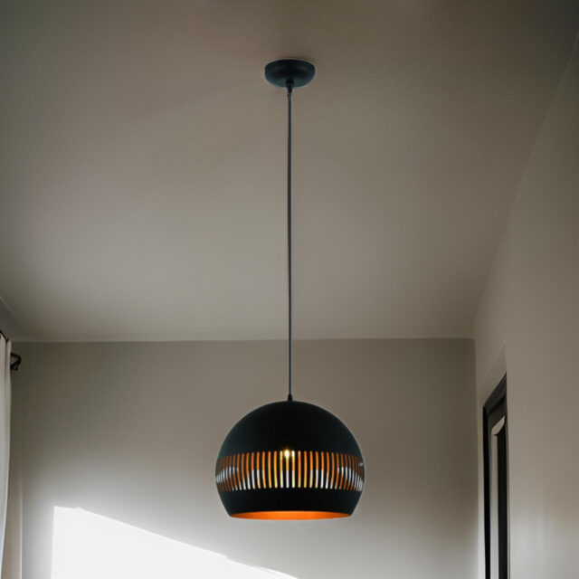 Hanglamp Globo 1-lichts | Ø 40 cm | Zwart design met goudkleurige binnenkant | Opengewerkte kap - Afbeelding 2