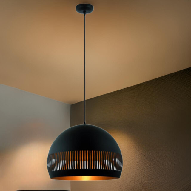 Hanglamp Globo 1-lichts | Ø 50 cm | Zwart design met goudkleurige binnenkant | Opengewerkte kap - Afbeelding 2