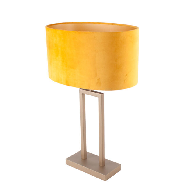 Bronzen tafellamp met ovale oker kleurige velours kap 35 cm - Afbeelding 5