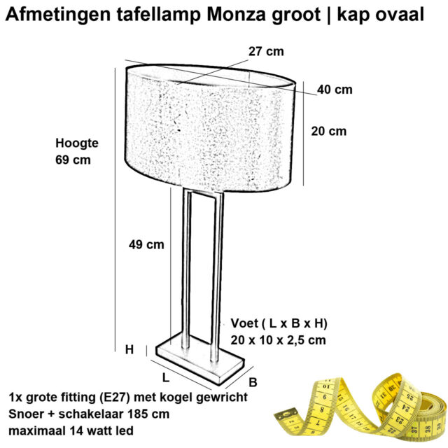 Tafellamp Monza groot met luxe ovale kap – Modern design oker - Afbeelding 3