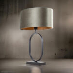 Zwarte tafellamp Verona met ovale lijf groene velours kap – Olive on gold 40 cm - Afbeelding 2